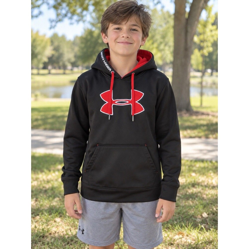 Under Armour Boys Large Black Red Logo Pullover Hoodie Loose Fit Athletic